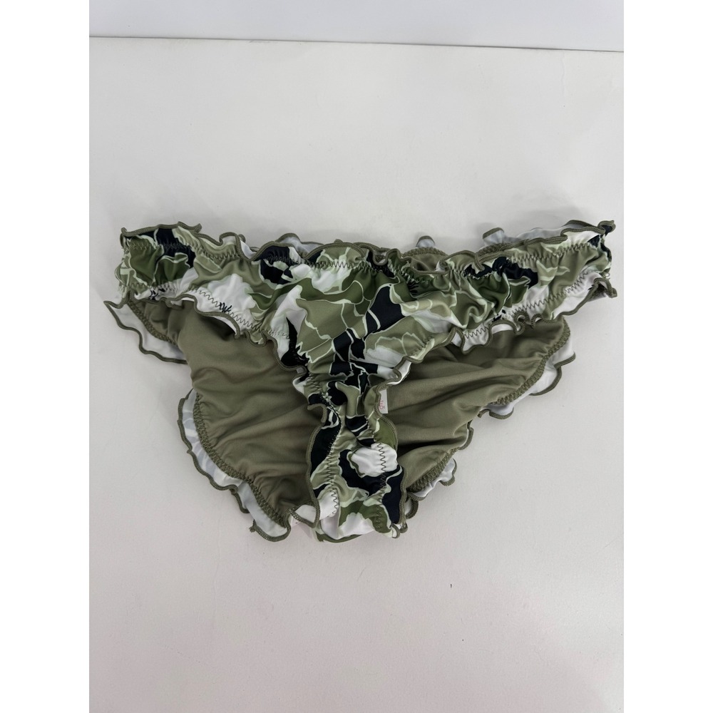 Victorias Secret Ruffle Ruched Back Bikini Bottom Olive Green Black Floral Sz XS